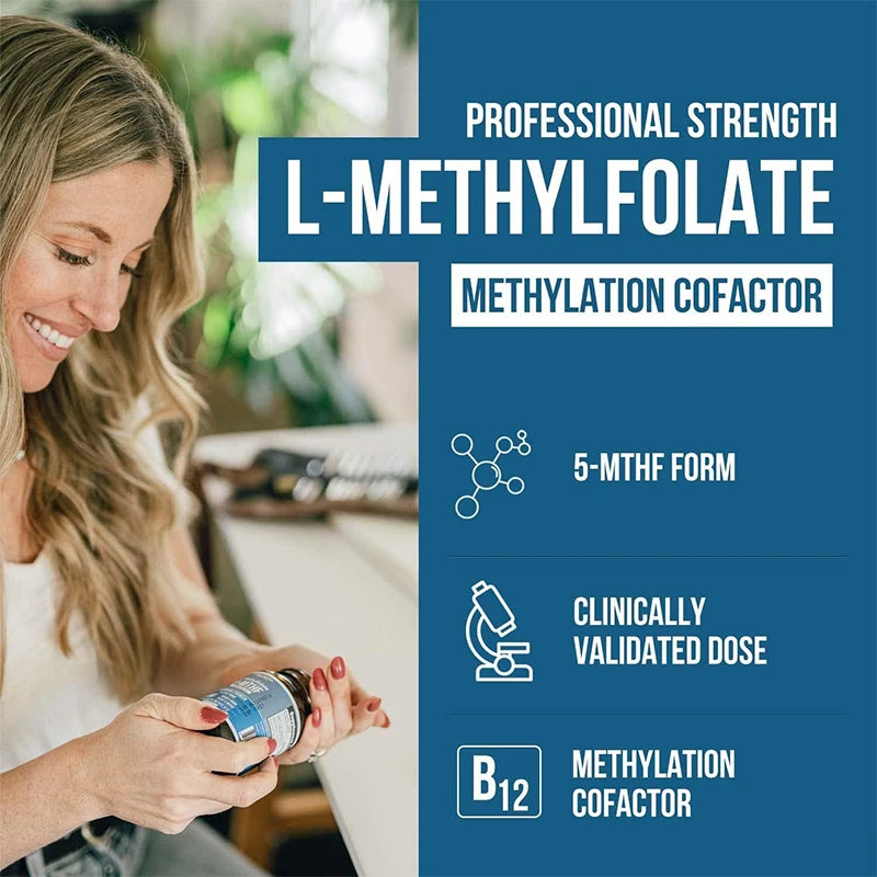 Woman holding a bottle of L-Methylfolate with product details on a blue background